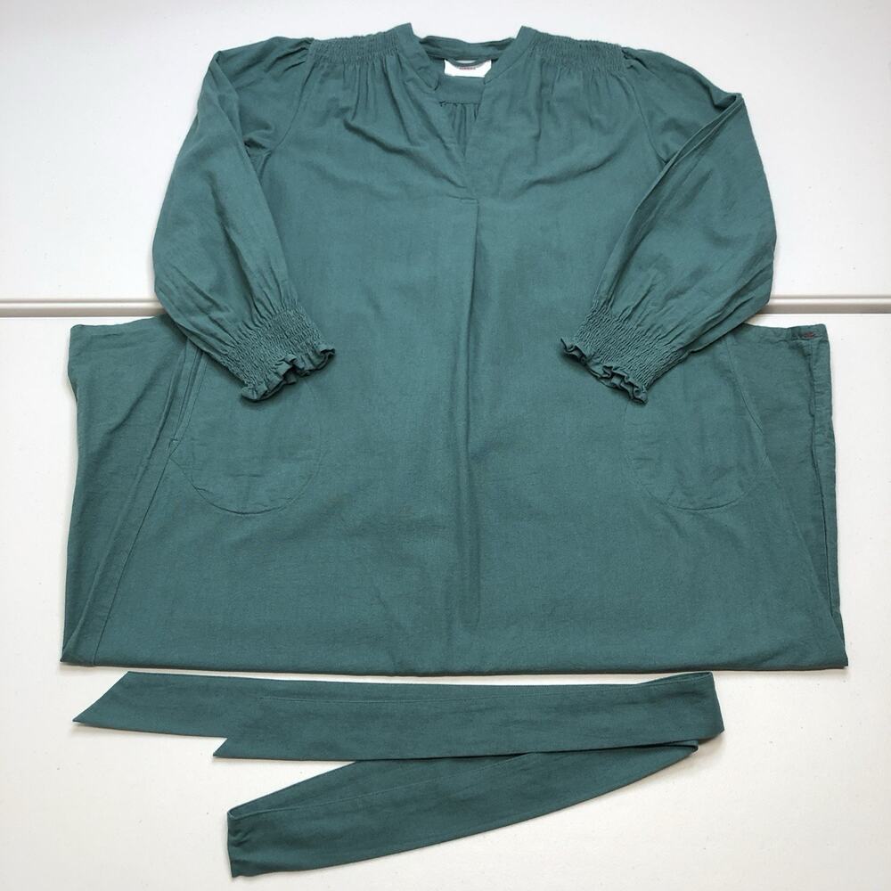 Xirena Maxi Dress With Belt Size S Or M Long Sleeve Shirred Cuffs Green ?Cotton?